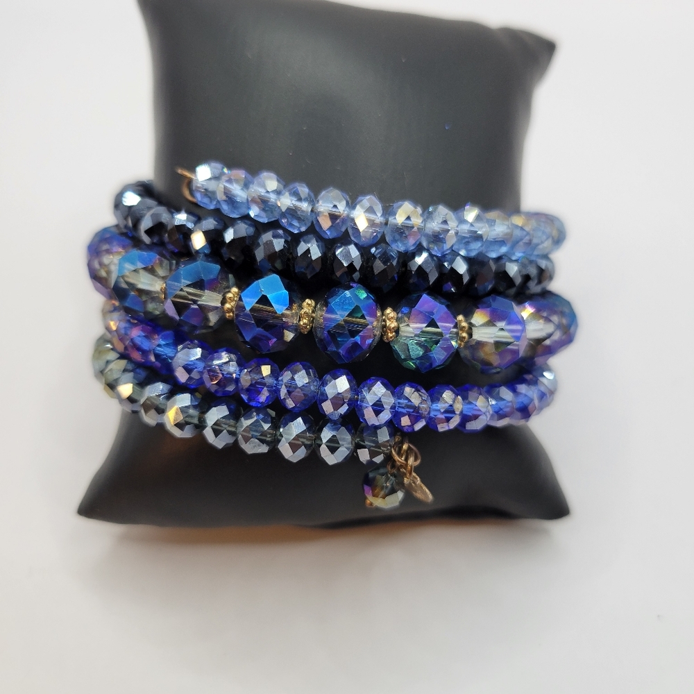 Shades of Blue Faceted Crystal Beads Memory Wire Wrap Bracelet Ali-Khan New York